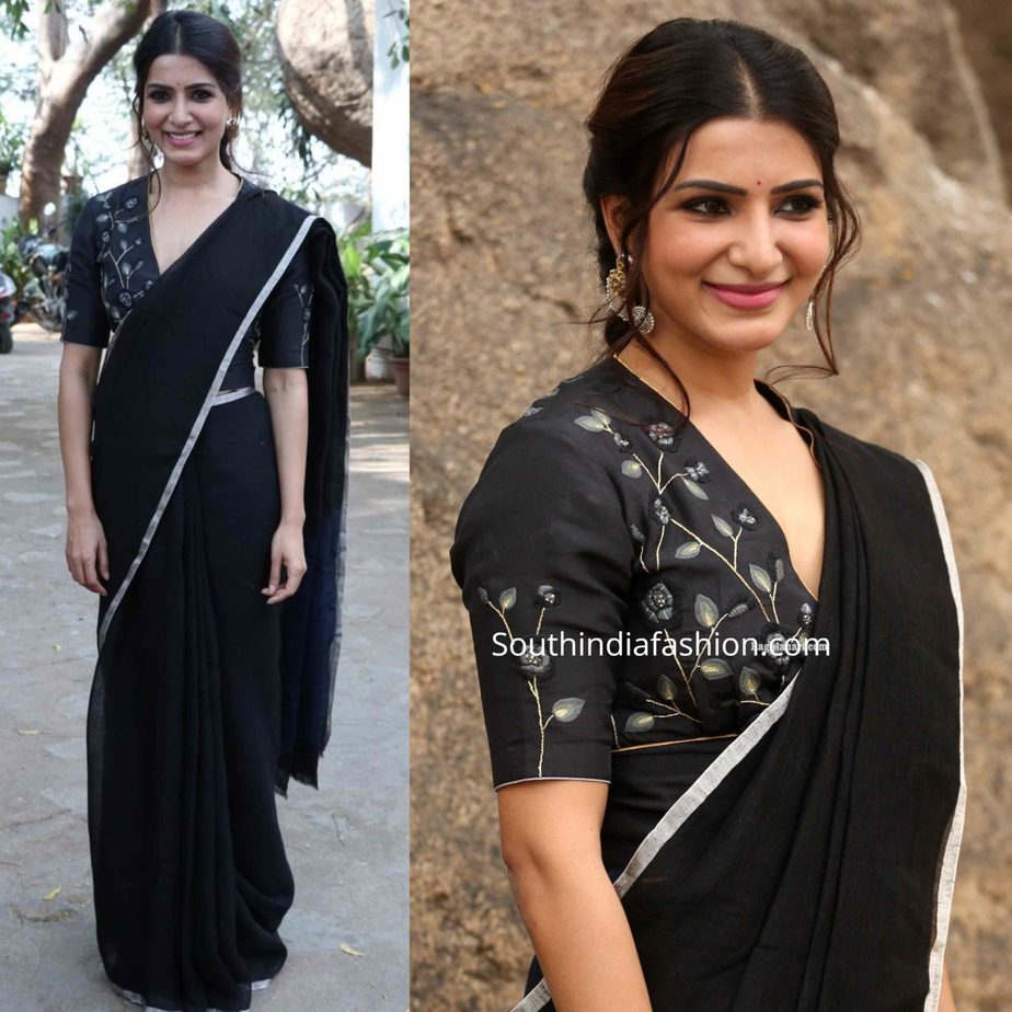 Samantha Akkineni in a black linen saree at 'Jaanu' promotions