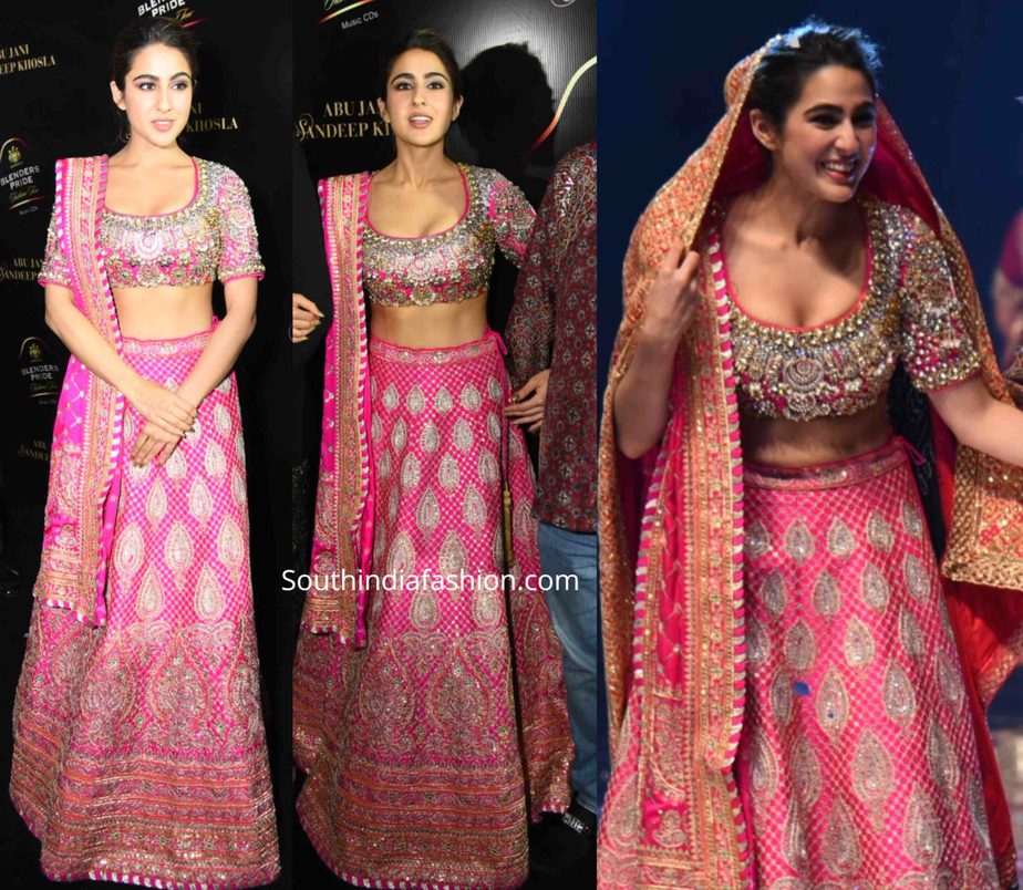 sara ali khan in abu jani sandeep khosla lehenga at blenders pride fashion tour