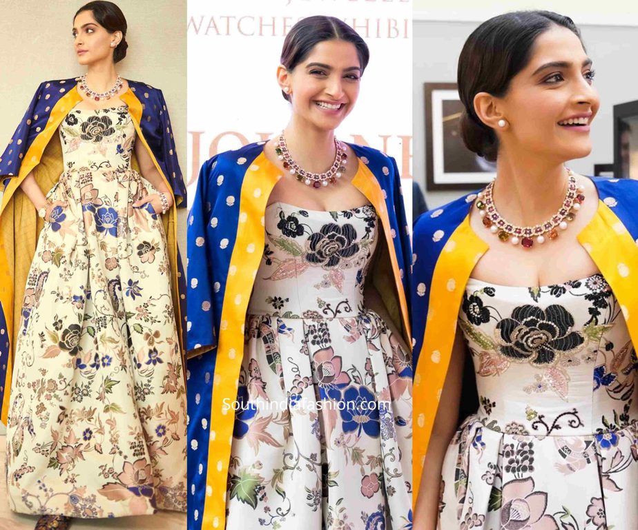 sonam kapoor gown with jacket at Doha Jewellery and Watches Exhibition 2020