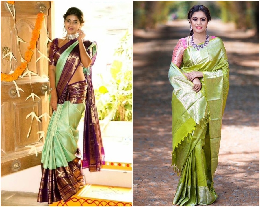green colour pattu wedding sarees