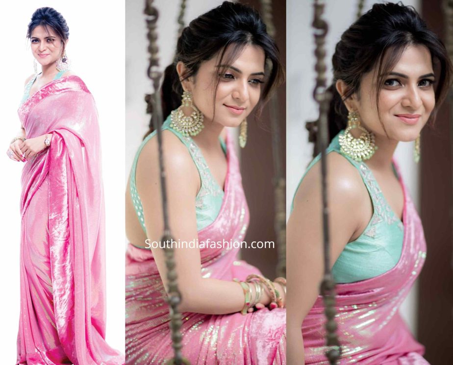 anchor dd divyadarshini in pink sequin saree