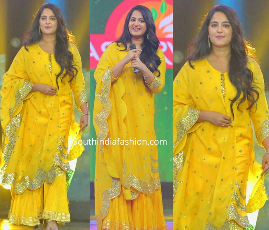 anushka shetty yellow sharara suit nishabdam promotions