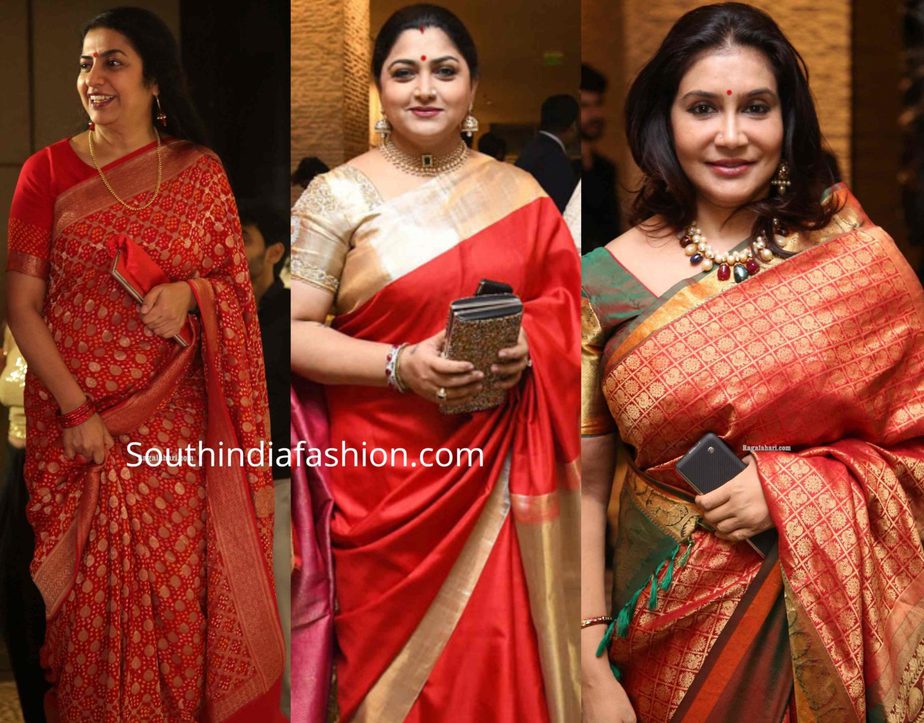 celebrities in silk sarees at jayasudha son wedding reception