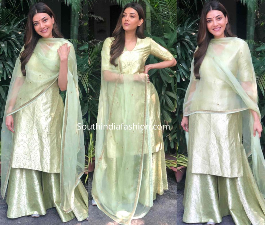 kajal aggarwal in raw mango mint green brocade sharara suit