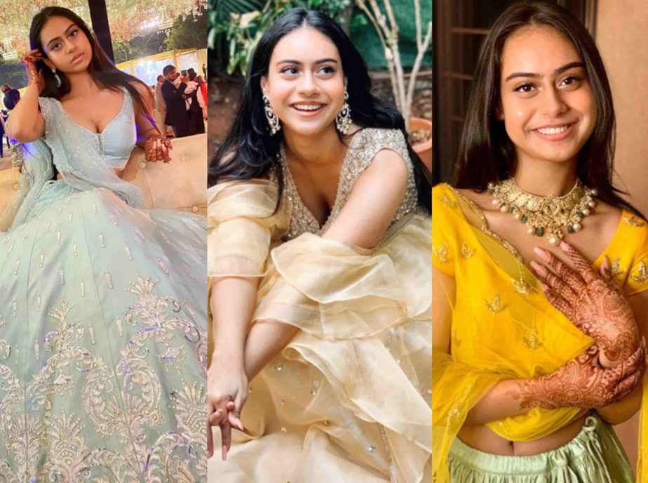 kajol daughter nysa devgan iin lehnegas at a wedding