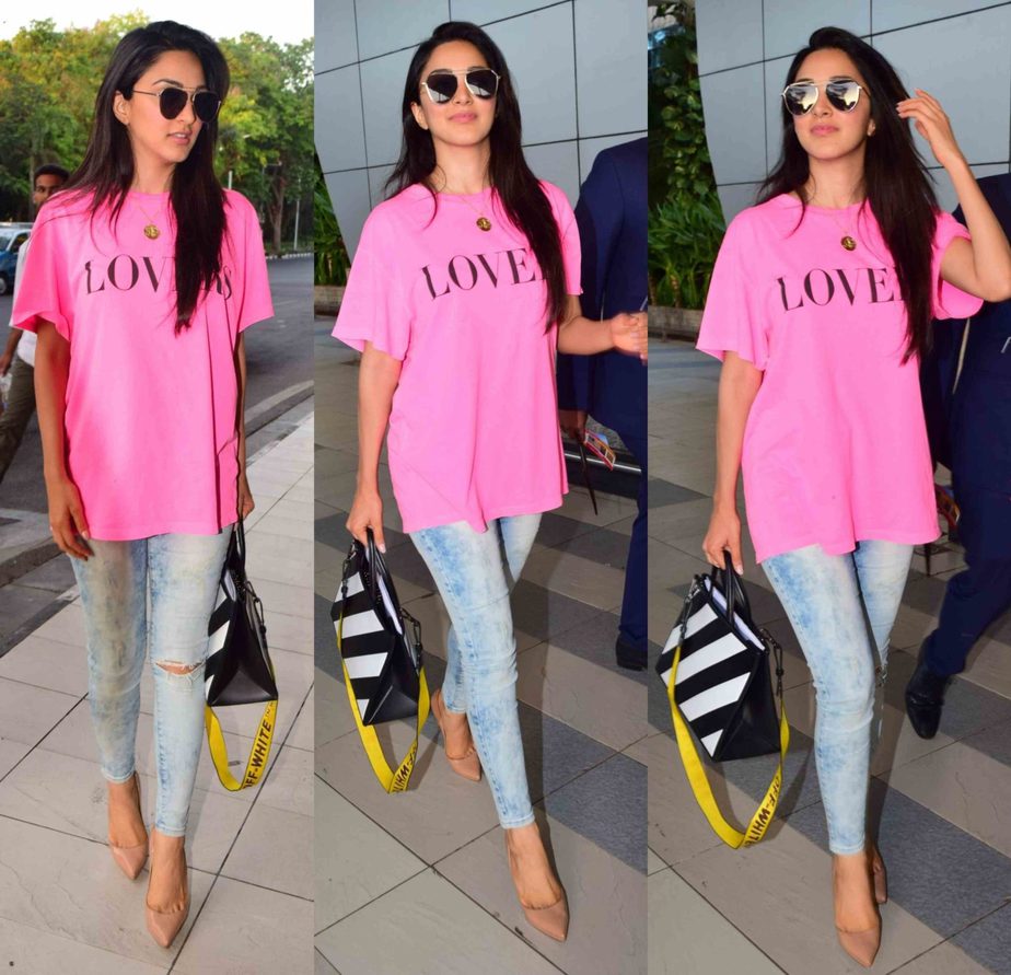 kiara advani airport look jeans with pink t shirt