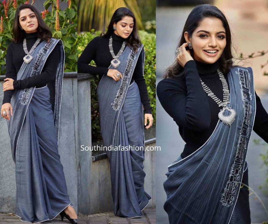 nikhila vimal grey saree with black t-shirt