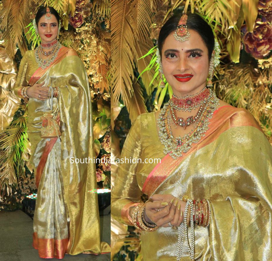 rekha in Lime green-yellow kanjeevaram saree