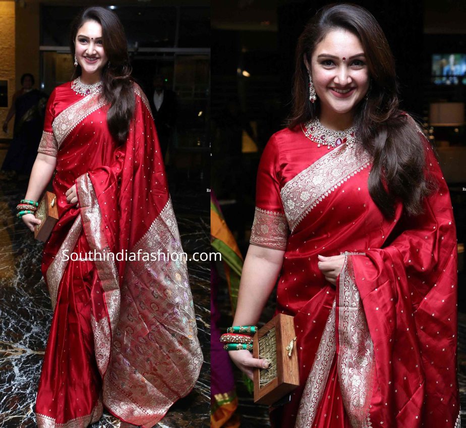 Sridevi Vijaykumar in a red banarasi silk saree – South India Fashion