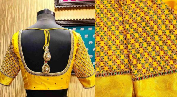 yellow zari stone work blouse