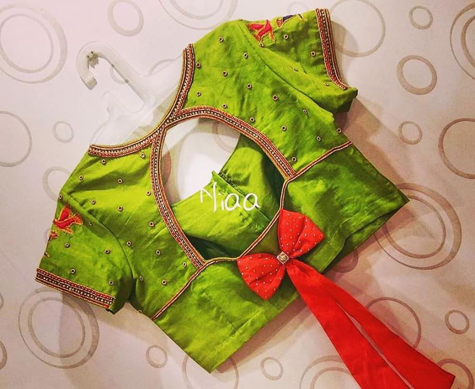 parrot green silk saree blouse with red bow