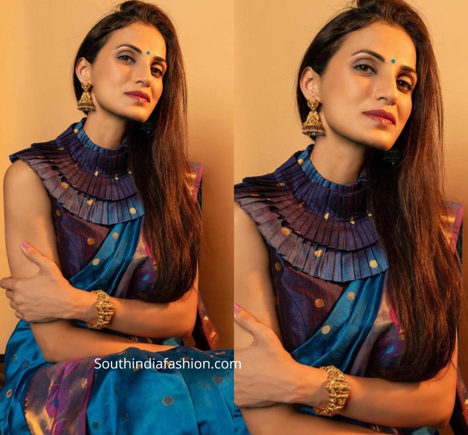 shilpa reddy blue handloom saree with high neck ruffle blouse