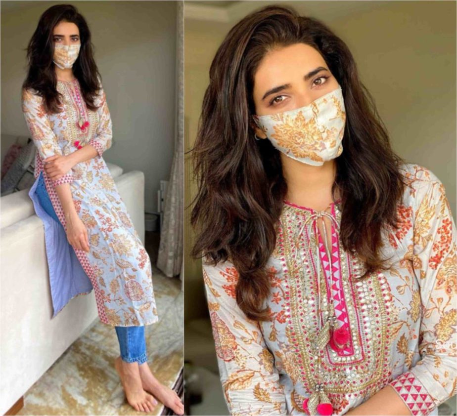 karishma tanna in gopi vaid kurta and mathcing mask