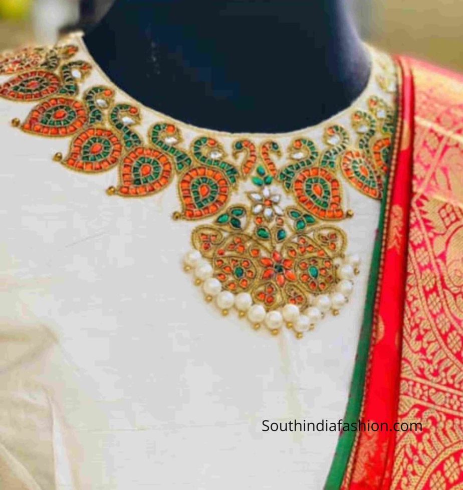 necklace kundan embroidery on pattu saree blouse