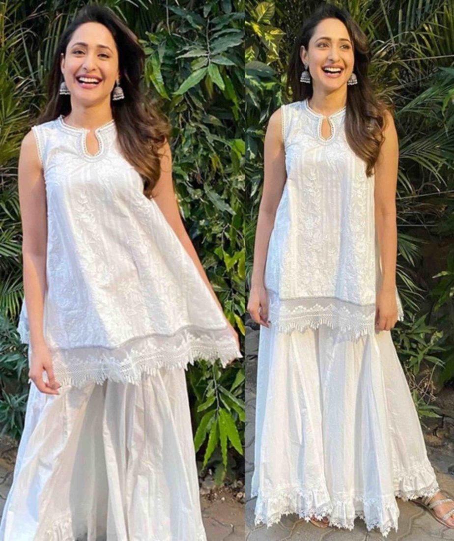 pragya jaiswal white sharara suit