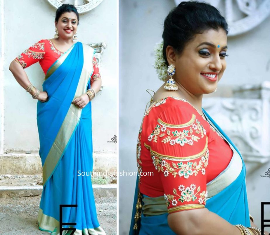 Roja in a blue saree – South India Fashion