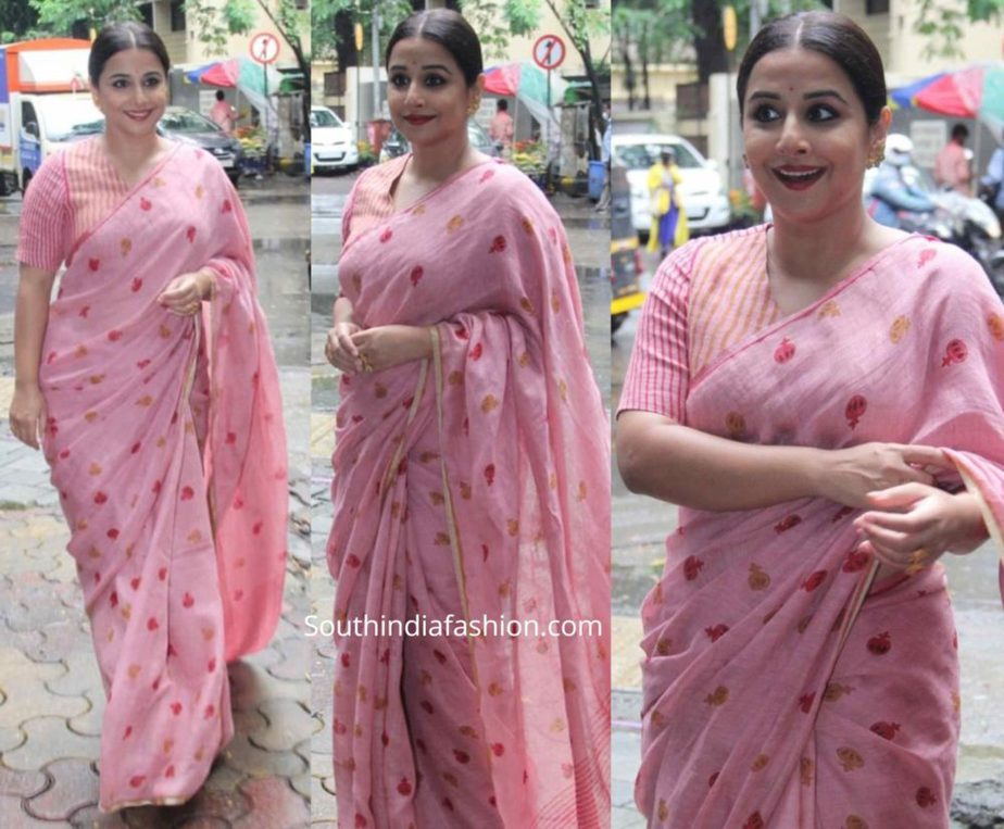 vidya balan in pink mul cotton saree shakuntala devi promotions