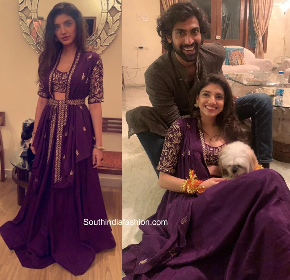 rana and miheeka after marriage, miheeka in purple lehenga