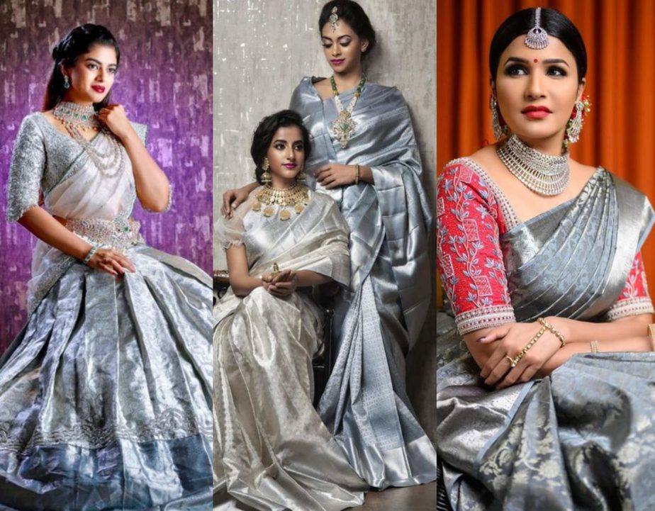 silver grey kanjeevaram sarees for brides