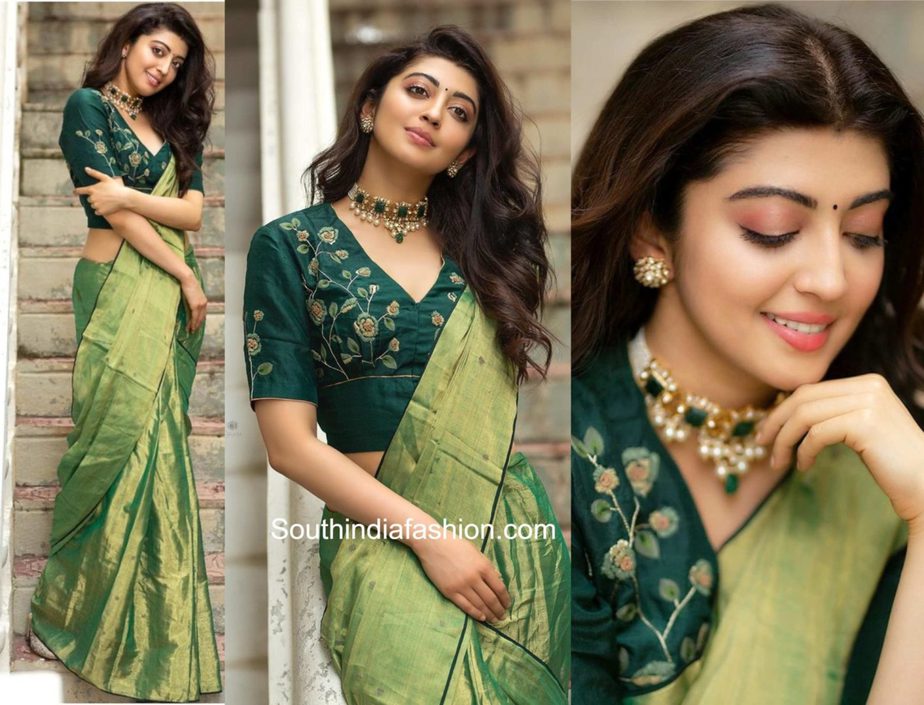 pranita subhash green silk saree anavila