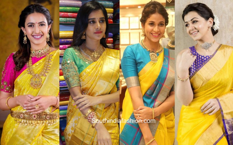 yellow silk sarees with contrast blouses