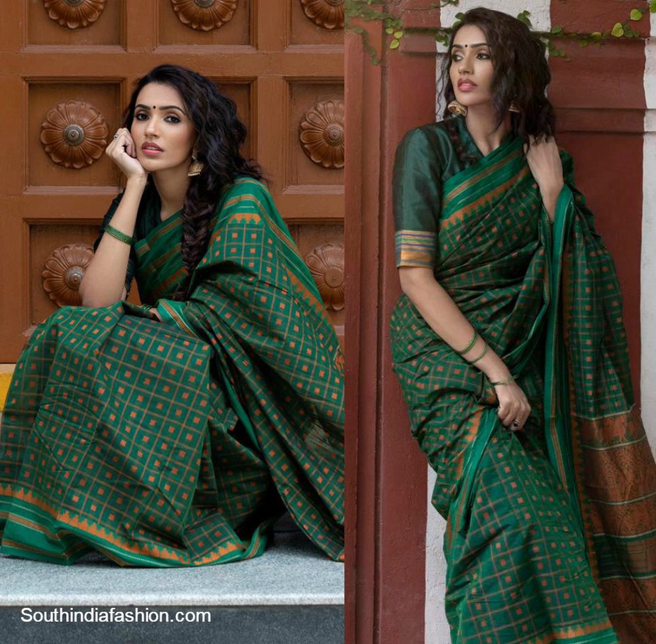 Akshara Gowda in green handloom saree