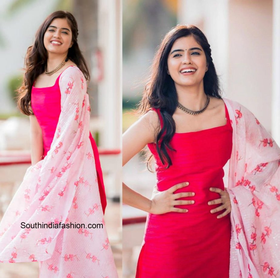 Amritha Aiyer in silk pink floral salwar