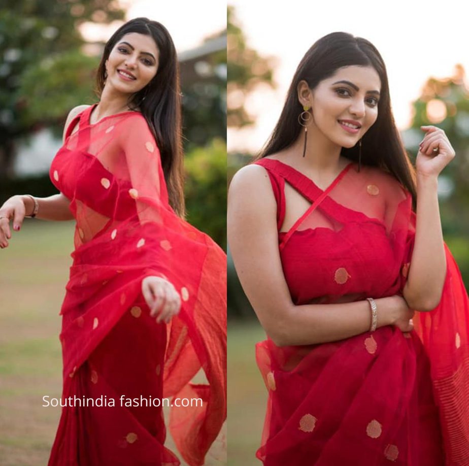 Athulya Ravi in red saree by kiaraaAthulya Ravi in red saree by kiaraa