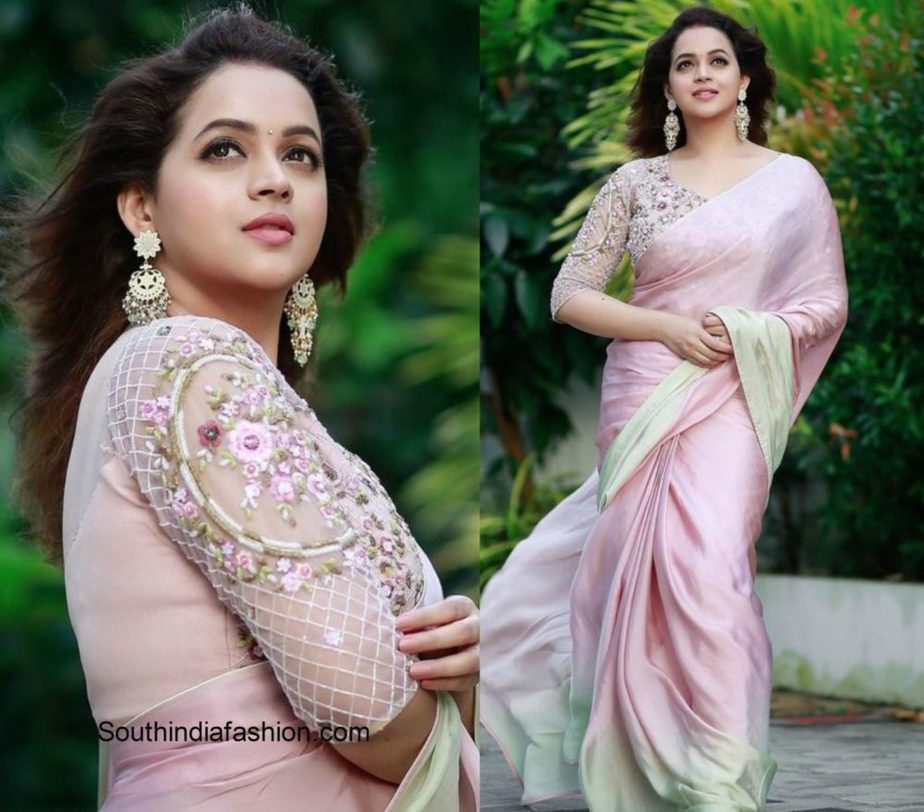 Bhavana in a pink designer georgette saree