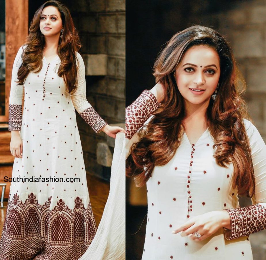 Bhavana in a rehana basheer white anarkali