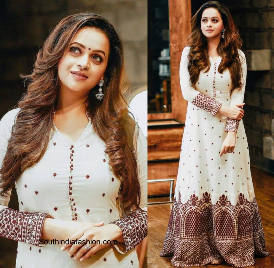 Bhavana in a white and red anarkali