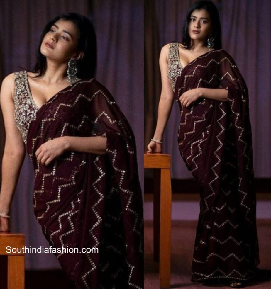 Hebah Patel in a brown partywear saree