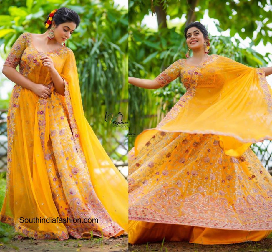 Poorna in a yellow floral lehenga set