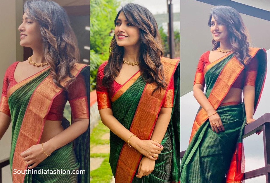 Vani Bhojan in traditional green red silk saree