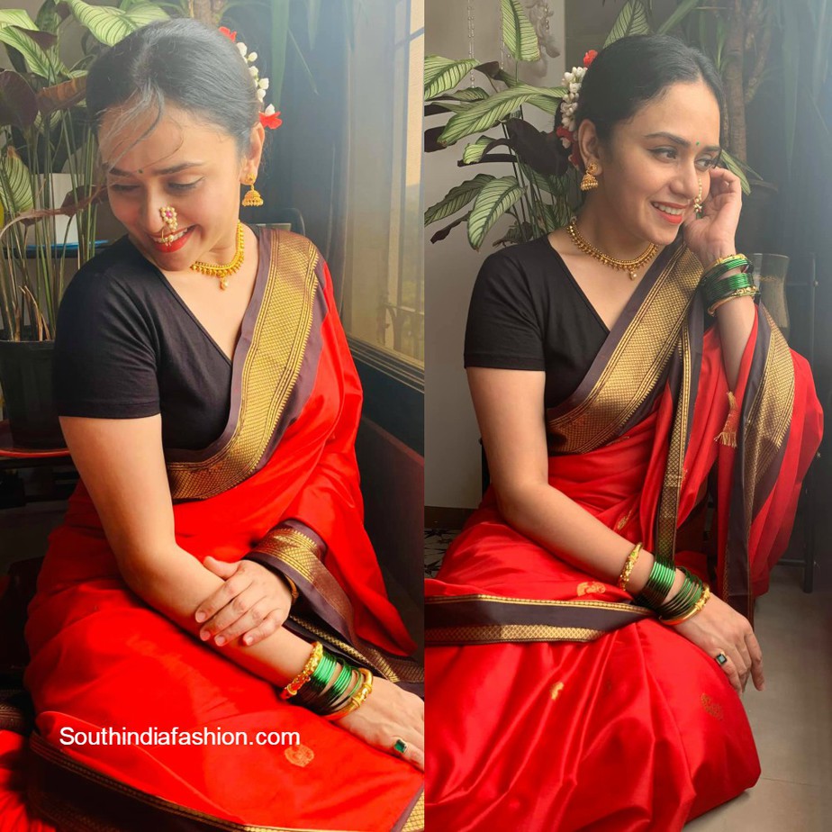 amruta khanvilkar in red marathi traditional look