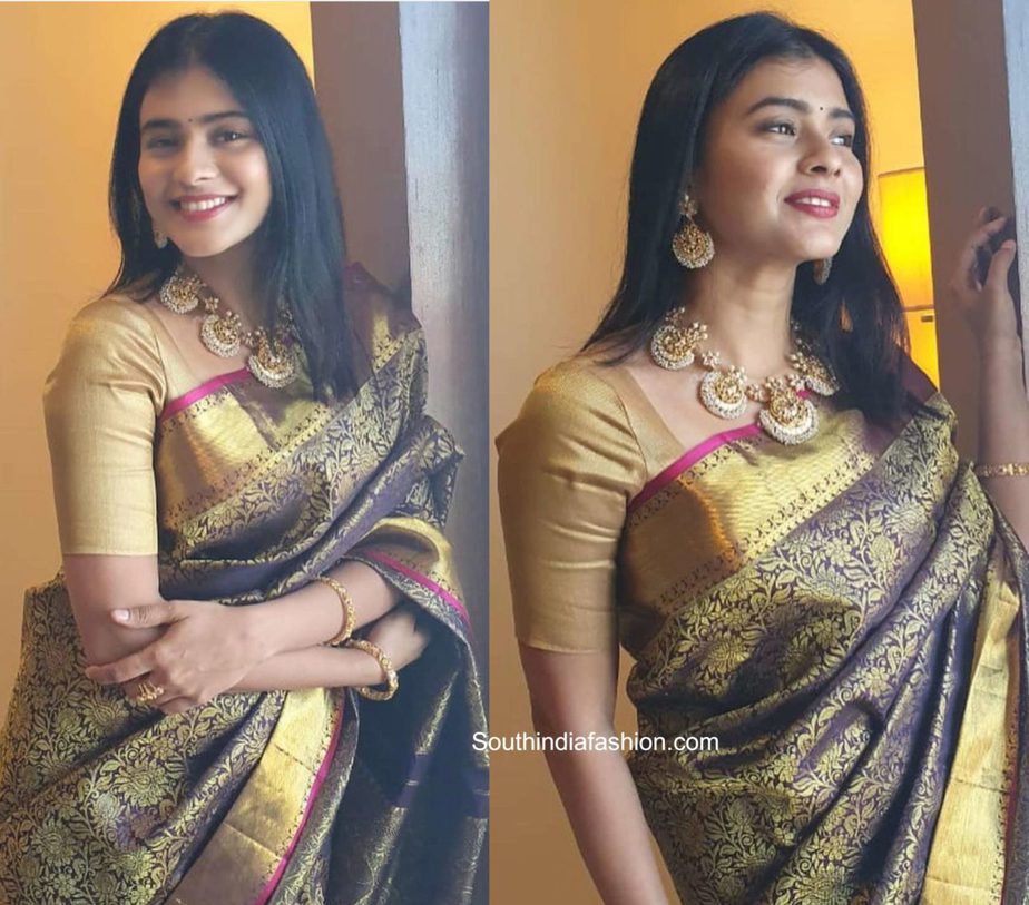 hebah patel black and gold kanjeevaram saree