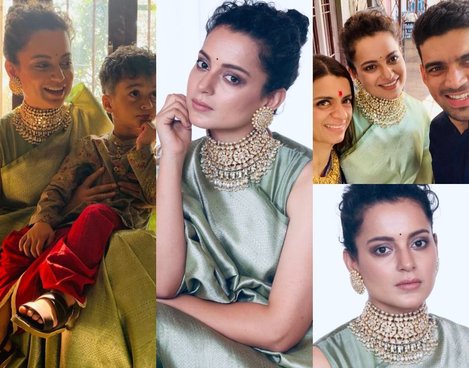 kangana ranaut green saree at her brother pre wedding function (2)