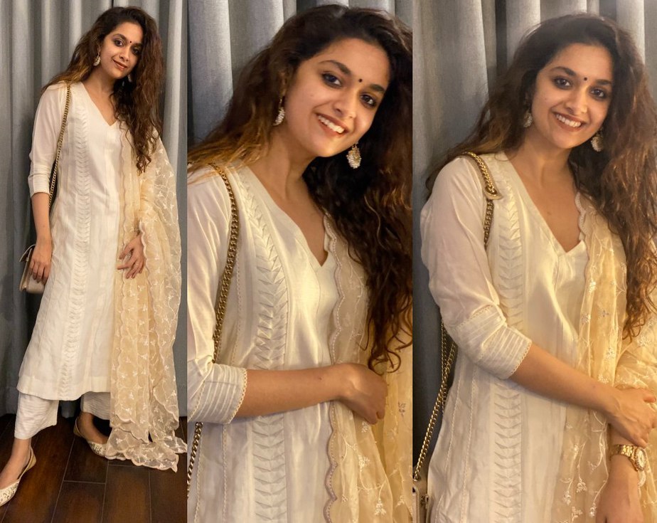 keerthy suresh in a white kurta set for dussehra 2020