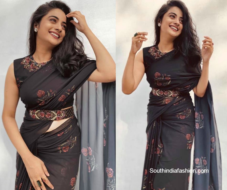 namitha pramod in black saree georgette