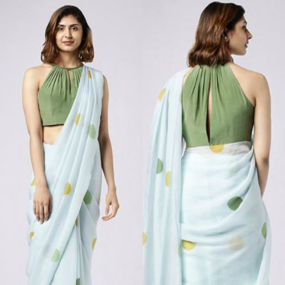 nayantaara polka dots green blue yellow saree with halter neck blouse