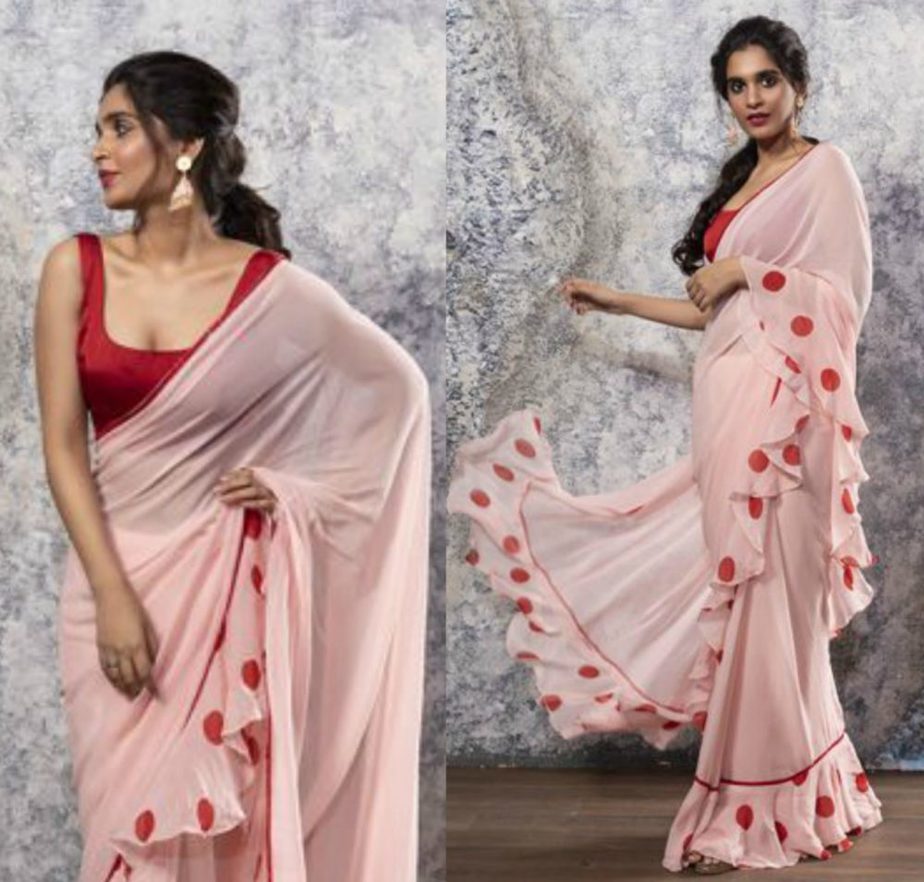 nayantaara red and pink saree with ruffles and polka dots