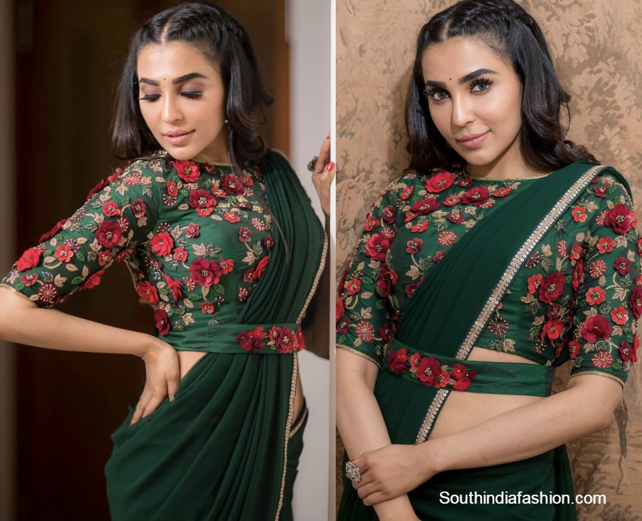 parvati nair in bottle green saree with floral blouse