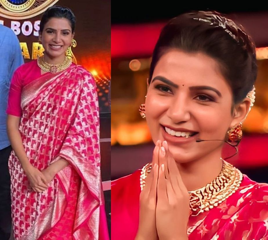 samantha akkineni pink saree bigg boss 2