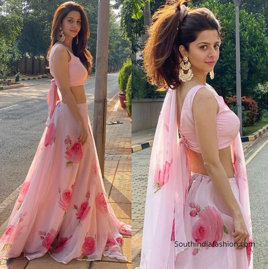 vedhika in powder pink organza lehenga by picchika