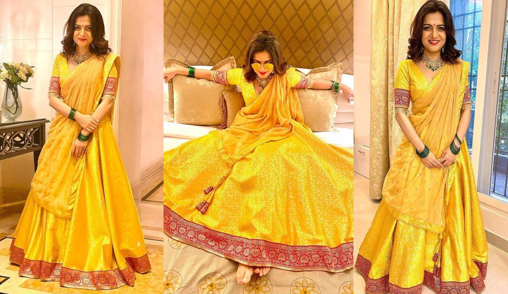 Dhivyadharshini in yellow lehenga by Suresh Menon