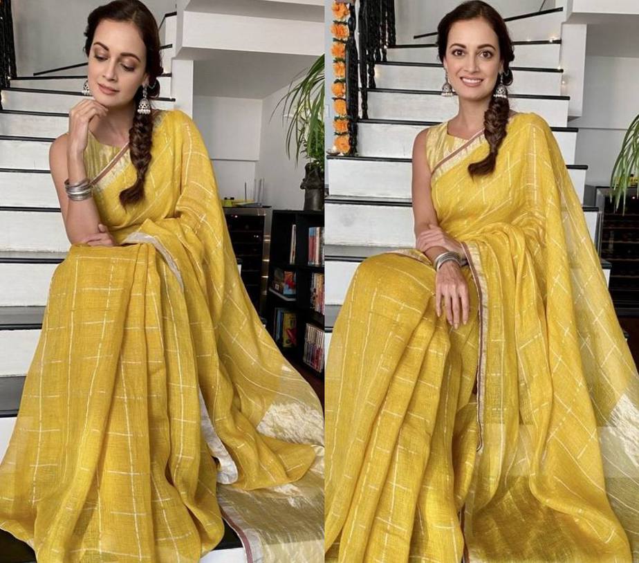 Dia mirza in citrine saree by Anavila for diwali collage 2 (2)