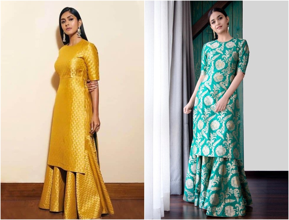 Embroidered Ethnic Sleeveless Crop Top Style Kurta Kurti with Soild Skirt  and Floral Printed Jacket Shrug