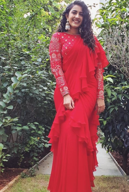 Niharika konindela in a red ruffle saree 1.1