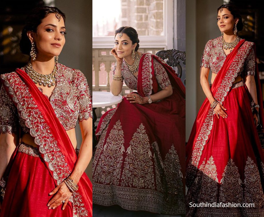 Nisha Aggarwal in red lehenga from jayanti reddy label on kajal agarwal wedding