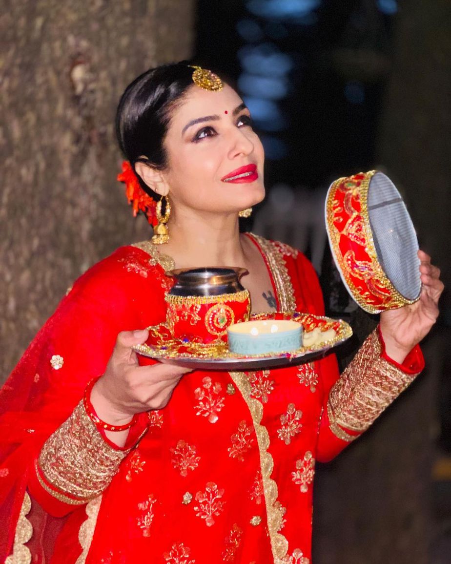 Raveena in red salwar suit for karwa chauth